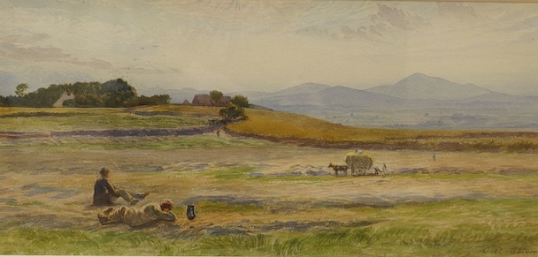 Charles Reginald Aston (1832-1908), watercolour, figures haymaking, signed, 17 x 35cm. Condition - fair/good